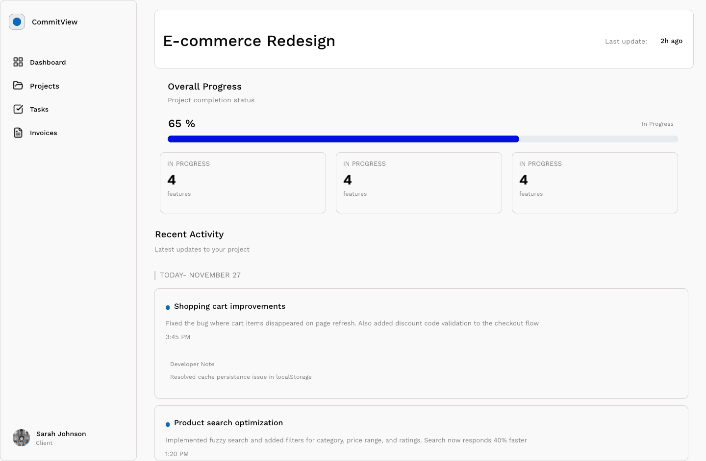 CommitView interface showing automated client portal with GitHub commits